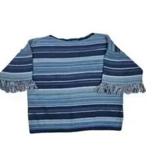 Off-the-Shoulder Striped Fringe Sleeve Sweater - Blue